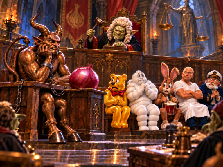 Satirische Fantasy-Illustration: Der bronzene Teufel von Esslingen sitzt mit einer roten Zwiebel vor einem Goblinrichter. Neben ihm warten Goldbär, Michelin-Männchen, Duracell-Hase, Meister Proper und Käpt’n Iglo auf ihr Urteil.