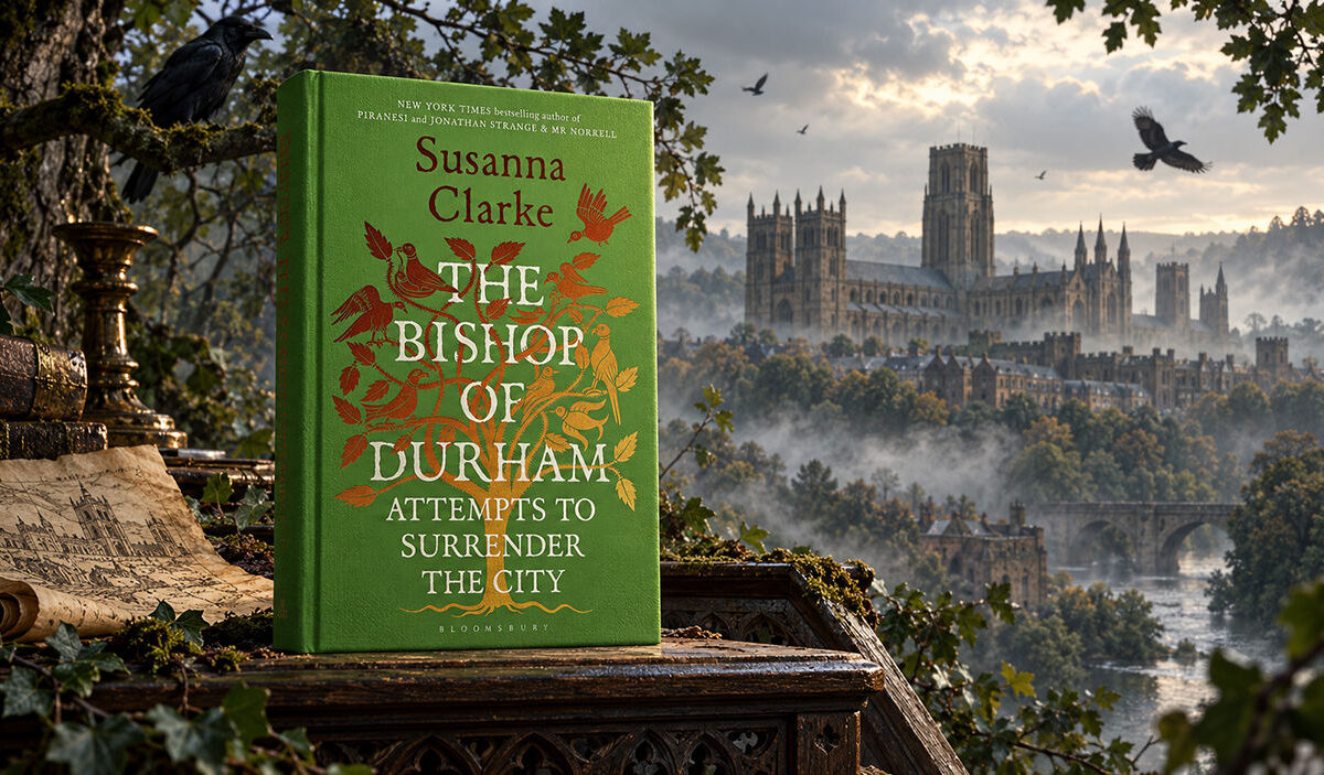 Das grüne Buchcover von The Bishop of Durham Attempts to Surrender the City von Susanna Clarke steht auf einem steinernen Lesepult. Im Hintergrund liegt die Kathedrale von Durham in einer nebligen Landschaft, umgeben von Bäumen und fliegenden Raben.