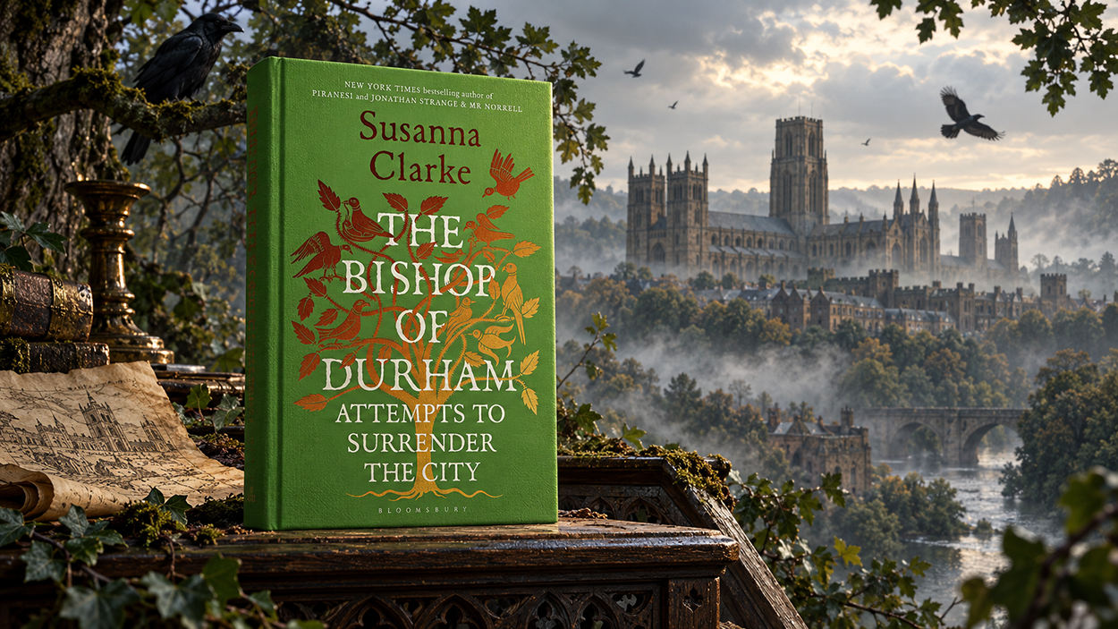 Das grüne Buchcover von The Bishop of Durham Attempts to Surrender the City von Susanna Clarke steht auf einem steinernen Lesepult. Im Hintergrund liegt die Kathedrale von Durham in einer nebligen Landschaft, umgeben von Bäumen und fliegenden Raben.