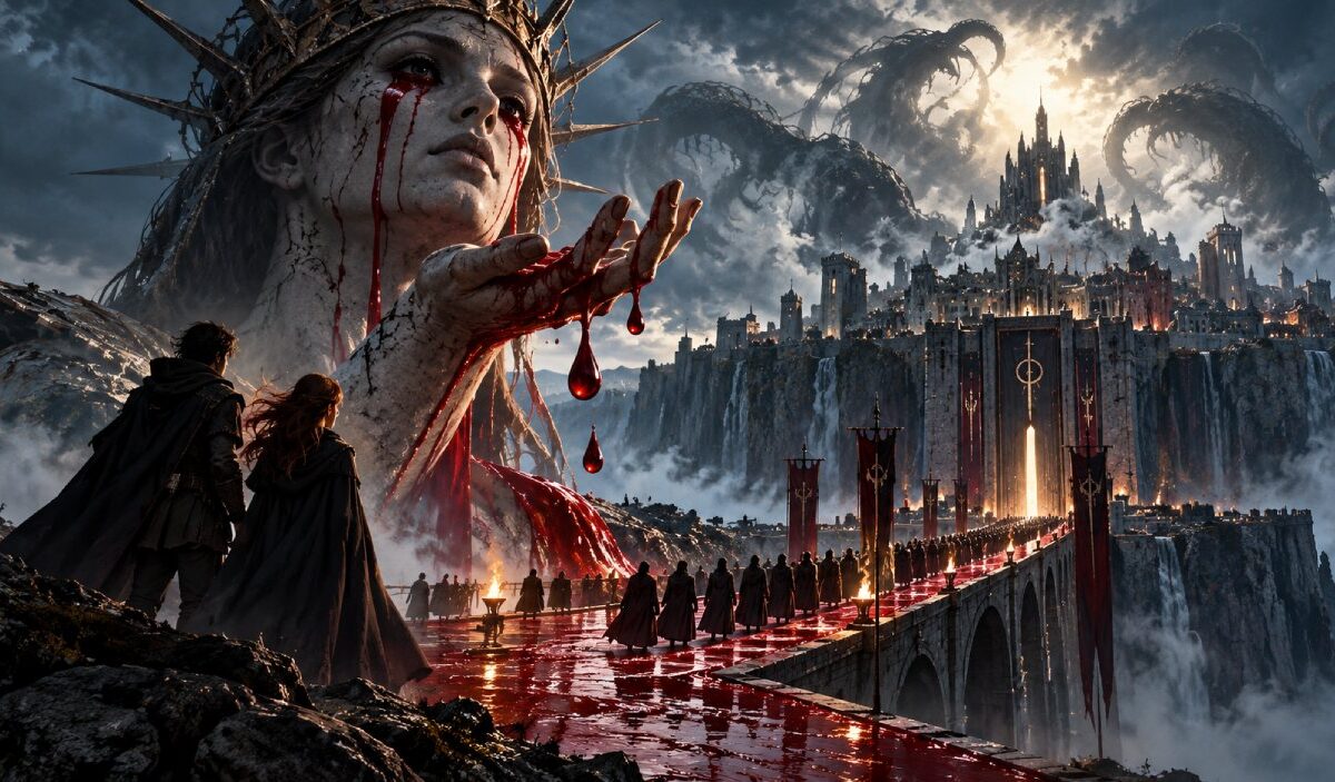 Zwei dunkle Gestalten blicken auf eine befestigte Fantasy-Stadt, während eine riesige steinerne Frauenfigur Blut über eine Brücke und in Richtung der Stadt fließen lässt.