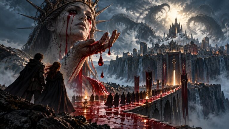 Zwei dunkle Gestalten blicken auf eine befestigte Fantasy-Stadt, während eine riesige steinerne Frauenfigur Blut über eine Brücke und in Richtung der Stadt fließen lässt.