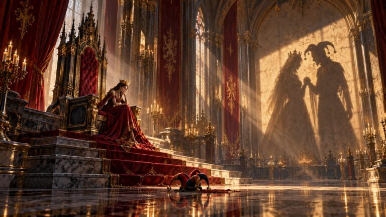 Melancholische Königin in einem prunkvollen Thronsaal, während ein Hofnarr in einiger Entfernung zu ihr steht.