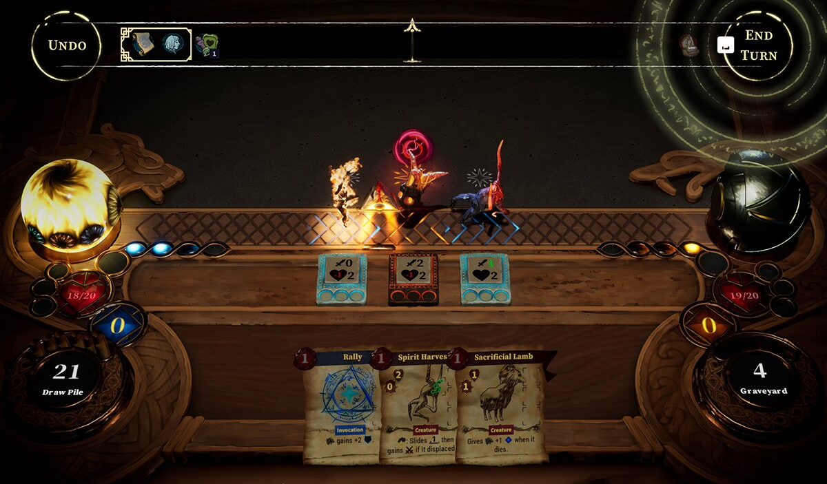 Gameplay-Screenshot aus The Killing Stone mit drei beschworenen Kreaturen auf einem magischen Spielbrett, drei Handkarten und einer reich verzierten Benutzeroberfläche.