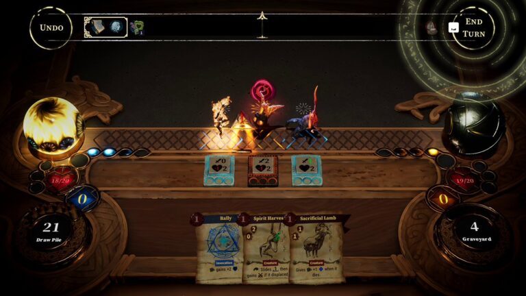 Gameplay-Screenshot aus The Killing Stone mit drei beschworenen Kreaturen auf einem magischen Spielbrett, drei Handkarten und einer reich verzierten Benutzeroberfläche.