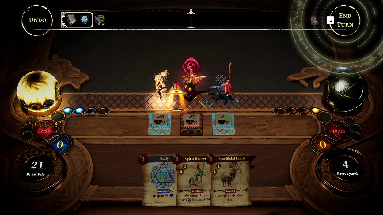 Gameplay-Screenshot aus The Killing Stone mit drei beschworenen Kreaturen auf einem magischen Spielbrett, drei Handkarten und einer reich verzierten Benutzeroberfläche.