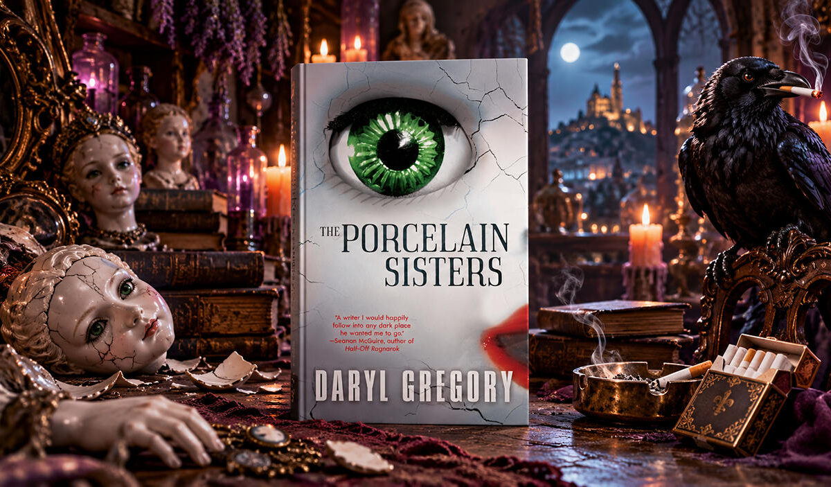 KI-generierte redaktionelle Buchillustration zu The Porcelain Sisters von Daryl Gregory. Das Originalcover mit einem großen grünen Auge in einer rissigen Porzellanoberfläche steht auf einem antiken Holztisch. Links befinden sich unheimliche Porzellanpuppen und brennende Kerzen. Rechts sitzt eine schwarze Krähe mit einer glimmenden Zigarette im Schnabel neben einem Aschenbecher.