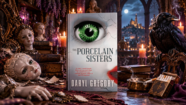 KI-generierte redaktionelle Buchillustration zu The Porcelain Sisters von Daryl Gregory. Das Originalcover mit einem großen grünen Auge in einer rissigen Porzellanoberfläche steht auf einem antiken Holztisch. Links befinden sich unheimliche Porzellanpuppen und brennende Kerzen. Rechts sitzt eine schwarze Krähe mit einer glimmenden Zigarette im Schnabel neben einem Aschenbecher.