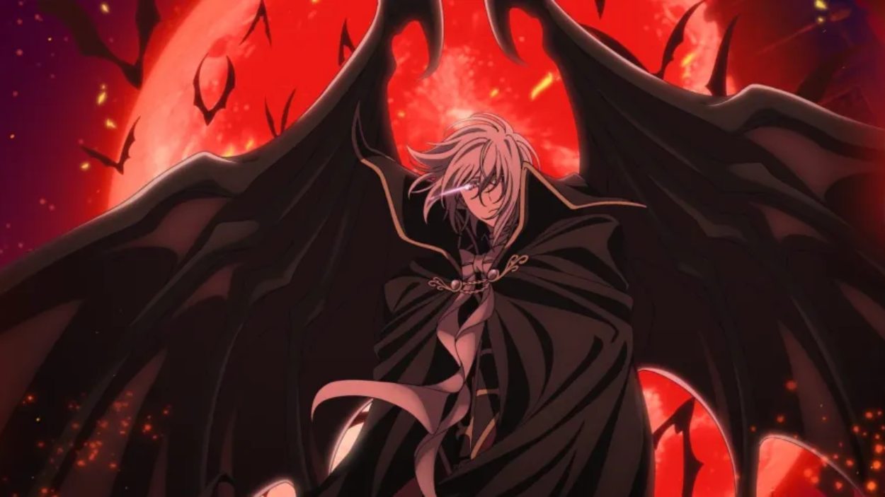 Ein weißhaariger Vampirkönig mit gewaltigen schwarzen Flügeln steht vor einem riesigen roten Mond im Anime The Record of a Fallen Vampire.
