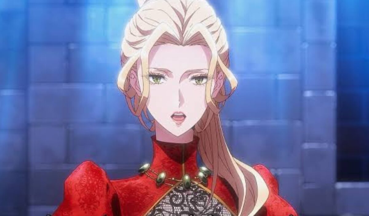 Kaiserin Navier aus The Remarried Empress blickt in rotem Hofgewand vor einer blau beleuchteten Palastkulisse nach vorn.