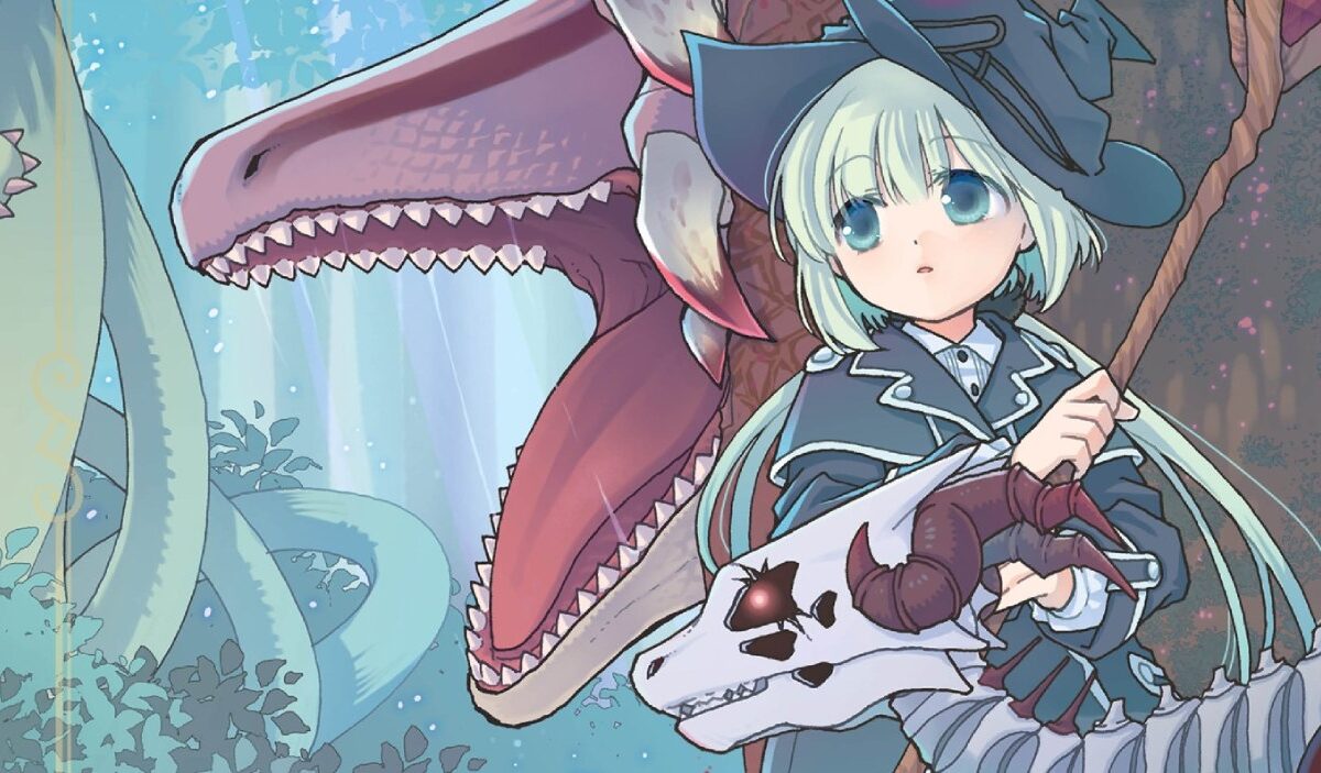 Eve steht mit einem kleinen Knochendrachen vor einem großen rosafarbenen Drachen in einer märchenhaften Waldszene aus The Skull Dragon’s Precious Daughter.