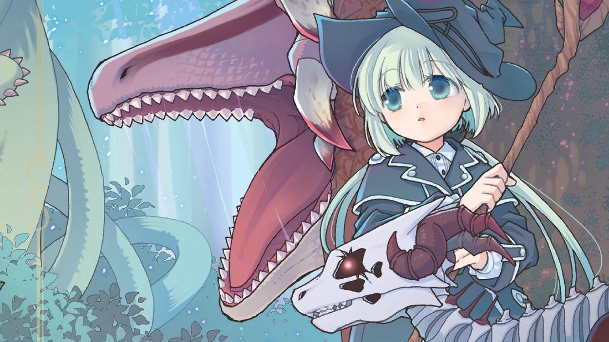 Eve steht mit einem kleinen Knochendrachen vor einem großen rosafarbenen Drachen in einer märchenhaften Waldszene aus The Skull Dragon’s Precious Daughter.