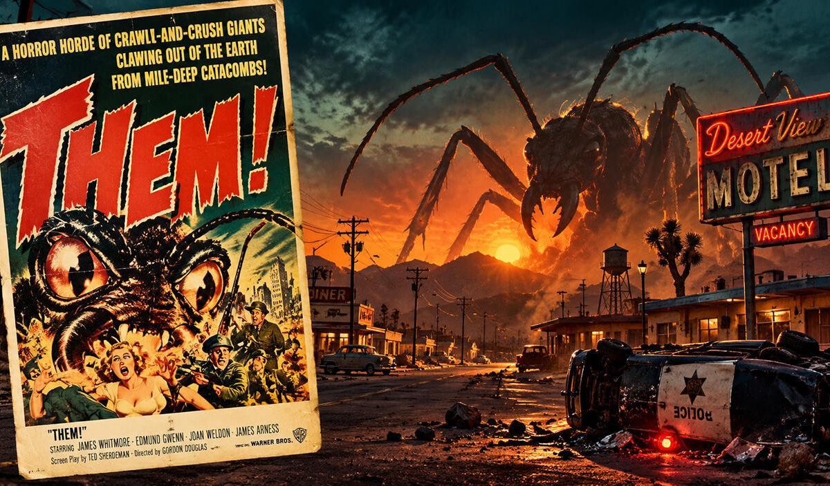 Für Fantasykosmos gestaltetes 16:9-Composing zum geplanten Them!-Remake: Das klassische Filmplakat steht im Vordergrund, dahinter erhebt sich eine gigantische Ameise über einer Wüstenstadt im Stil des amerikanischen Monsterkinos der Fünfzigerjahre.
