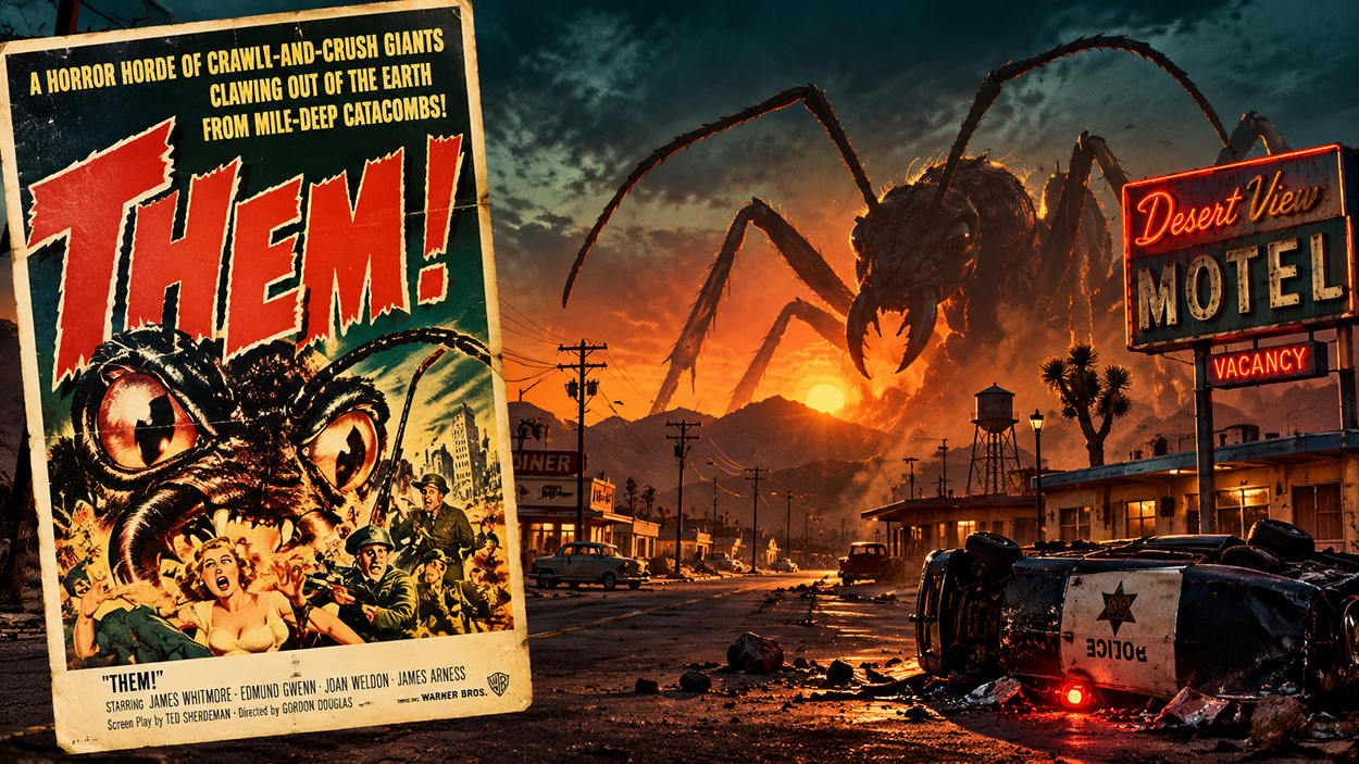 Für Fantasykosmos gestaltetes 16:9-Composing zum geplanten Them!-Remake: Das klassische Filmplakat steht im Vordergrund, dahinter erhebt sich eine gigantische Ameise über einer Wüstenstadt im Stil des amerikanischen Monsterkinos der Fünfzigerjahre.