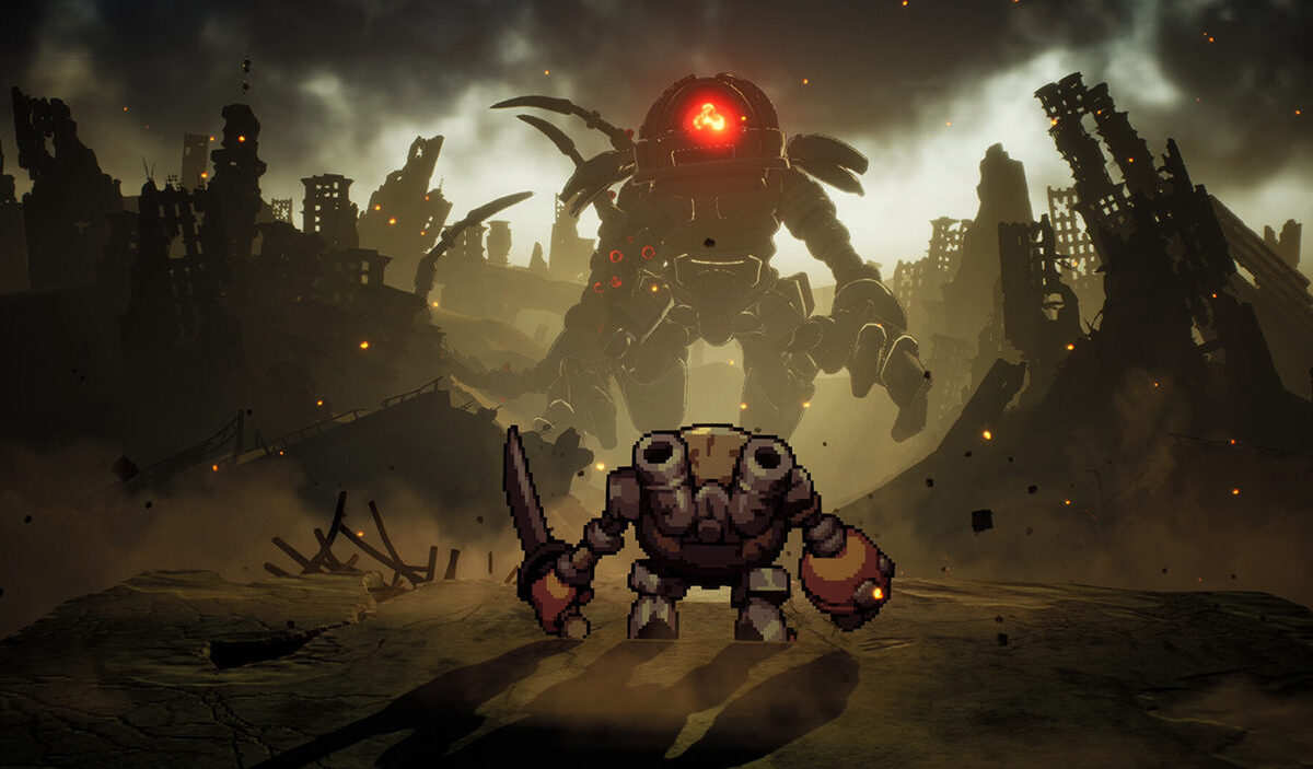 Gameplay-Motiv aus Threads of Time: Ein kleiner Roboterkrieger in Pixelgrafik steht mit einem Schwert in einer zerstörten Stadt. Im Hintergrund erhebt sich eine riesige mechanische Kreatur mit glühendem rotem Auge zwischen den Ruinen.