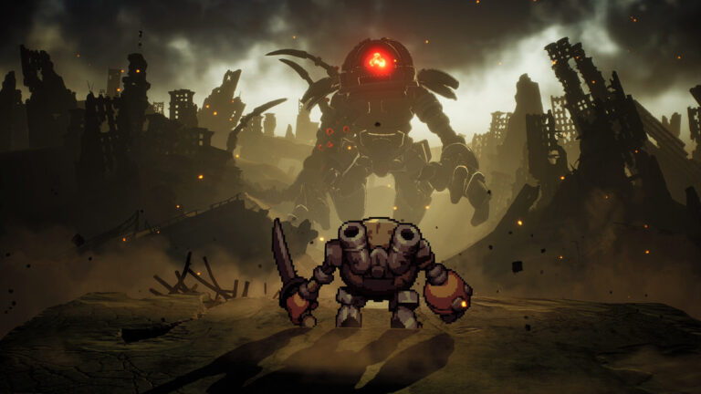Gameplay-Motiv aus Threads of Time: Ein kleiner Roboterkrieger in Pixelgrafik steht mit einem Schwert in einer zerstörten Stadt. Im Hintergrund erhebt sich eine riesige mechanische Kreatur mit glühendem rotem Auge zwischen den Ruinen.