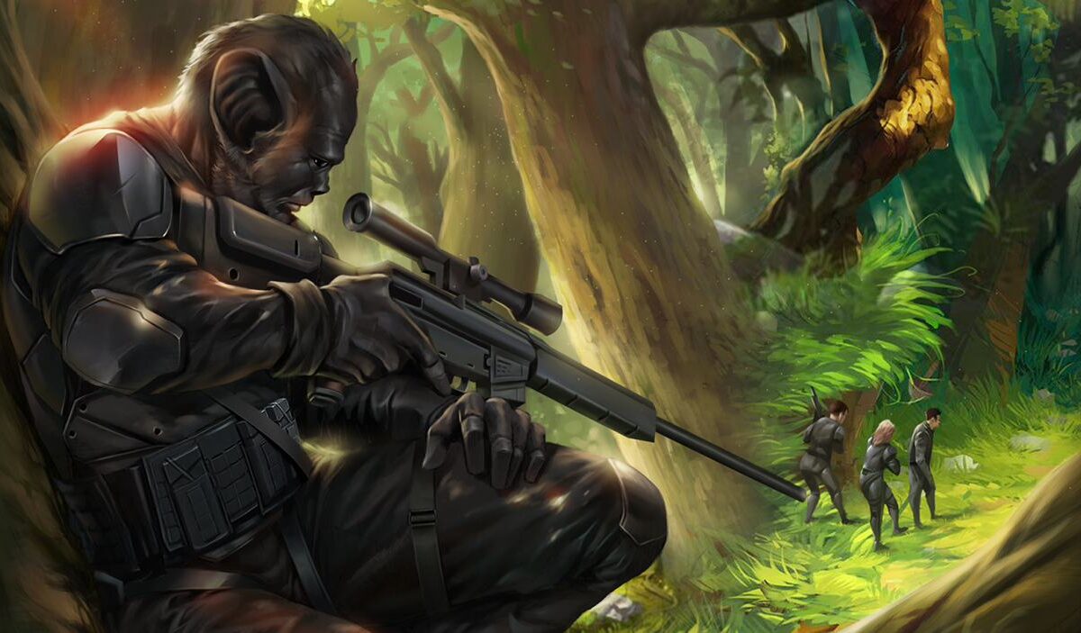 Ein schwer bewaffneter, affenartiger Bio-Soldat lauert mit einem Scharfschützengewehr im Wald, während drei Agenten im Hintergrund vorrücken.
