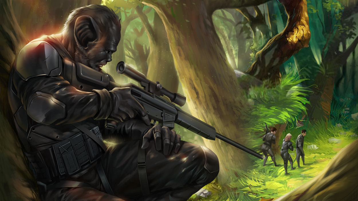 Ein schwer bewaffneter, affenartiger Bio-Soldat lauert mit einem Scharfschützengewehr im Wald, während drei Agenten im Hintergrund vorrücken.