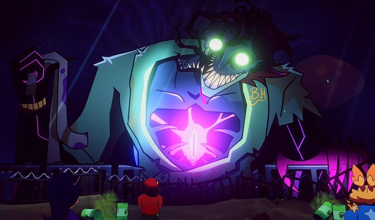 Ein riesiges, groteskes Monster mit leuchtend grünen Augen und violettem Symbol im Brustkorb ragt in UnderMire über mehrere kleine Spielfiguren.