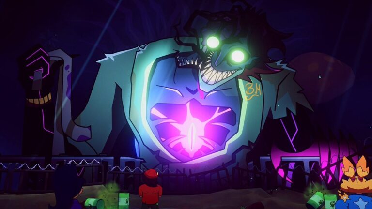 Ein riesiges, groteskes Monster mit leuchtend grünen Augen und violettem Symbol im Brustkorb ragt in UnderMire über mehrere kleine Spielfiguren.