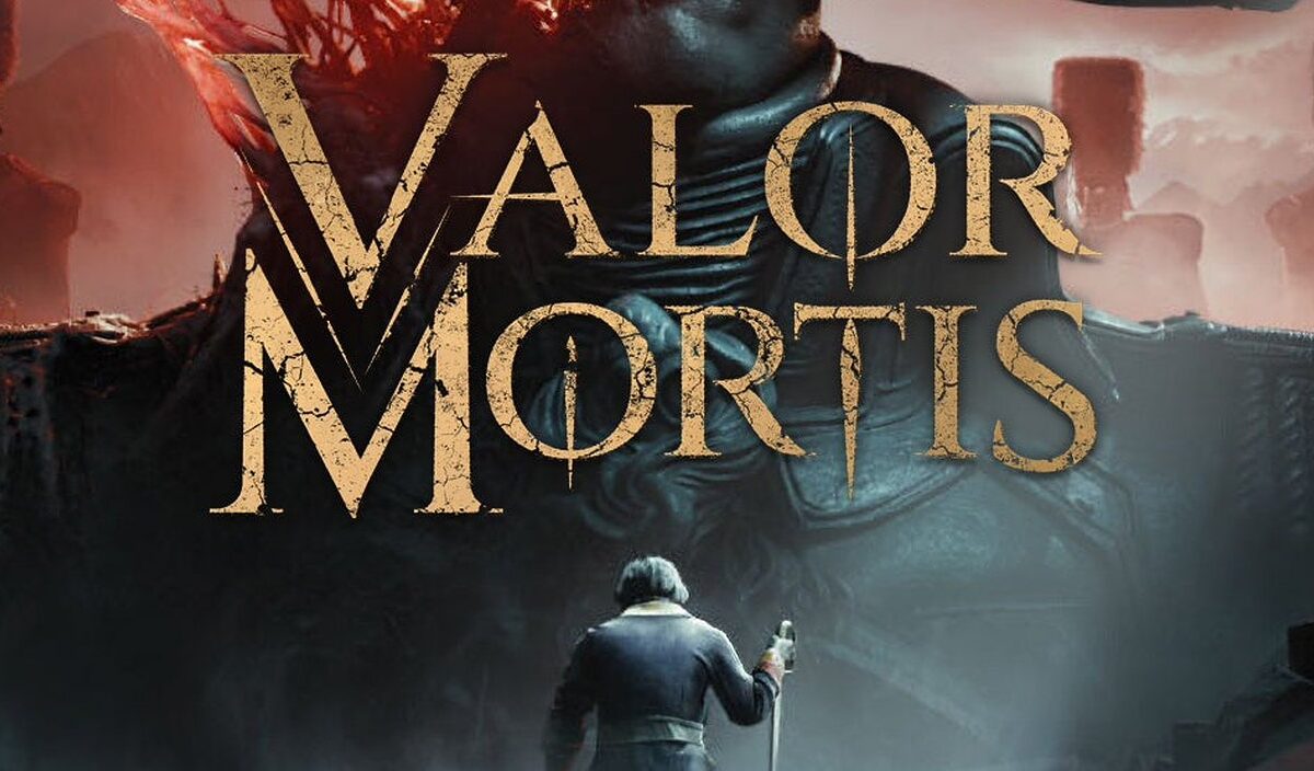 Promomotiv zu Valor Mortis mit einem bewaffneten Soldaten vor einer riesigen dunklen Gestalt und dem goldenen Schriftzug des Spiels.
