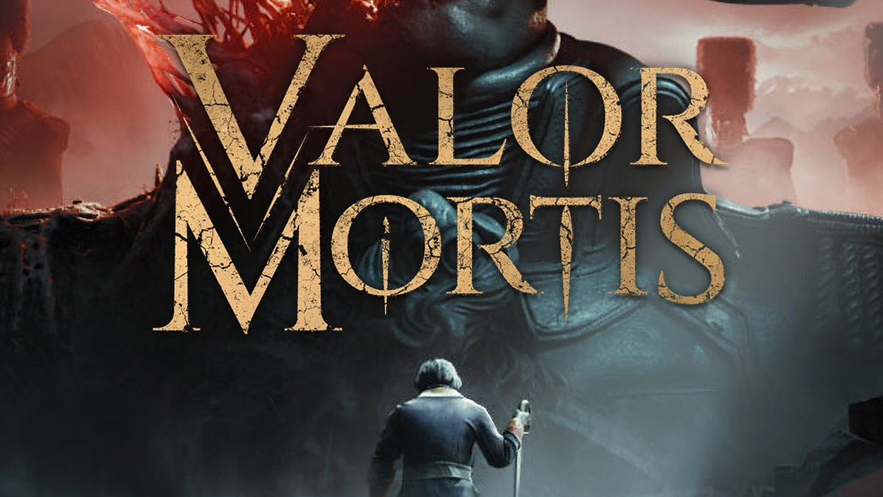 Promomotiv zu Valor Mortis mit einem bewaffneten Soldaten vor einer riesigen dunklen Gestalt und dem goldenen Schriftzug des Spiels.