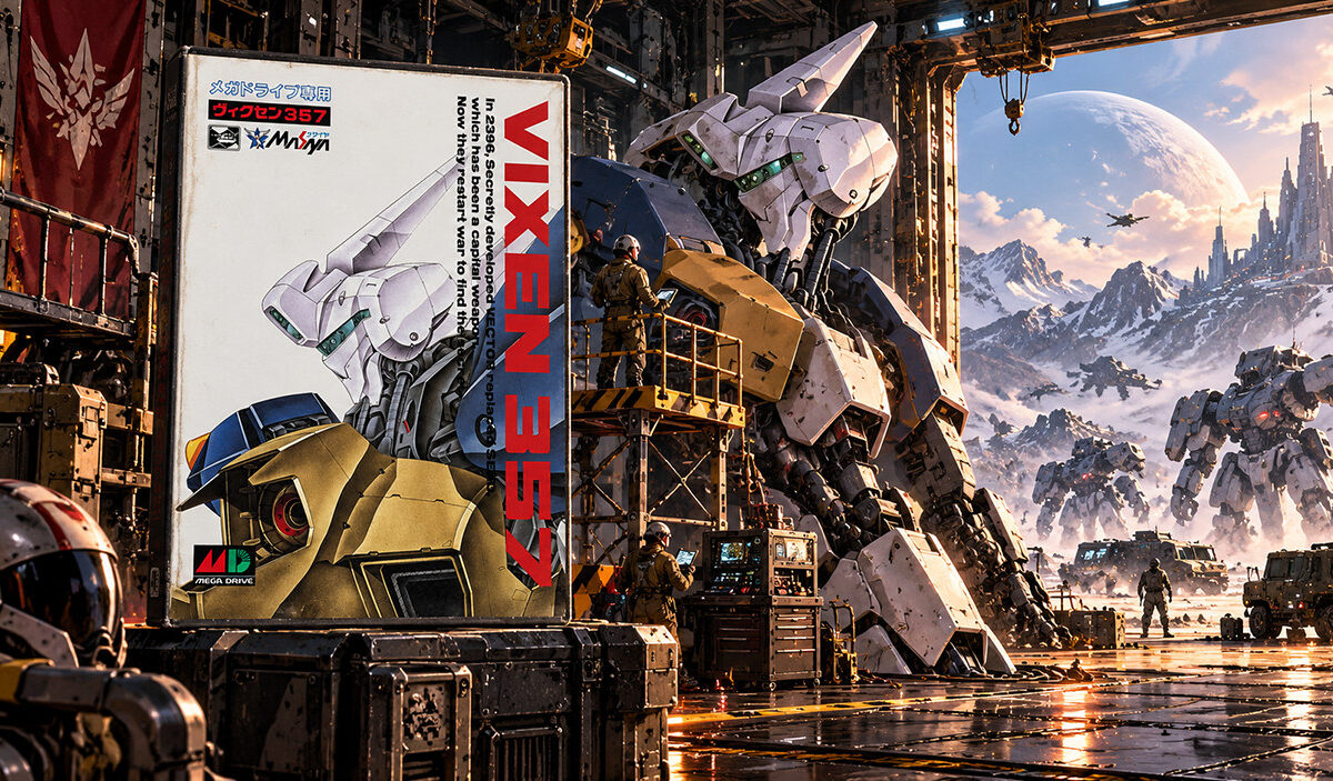 Das japanische Originalcover von Vixen 357 mit einem weißen Kampfroboter und rotem Schriftzug steht vor einer futuristischen Mecha-Hangarkulisse. Im Hintergrund sind gewaltige Kampfmaschinen und technische Anlagen zu sehen.