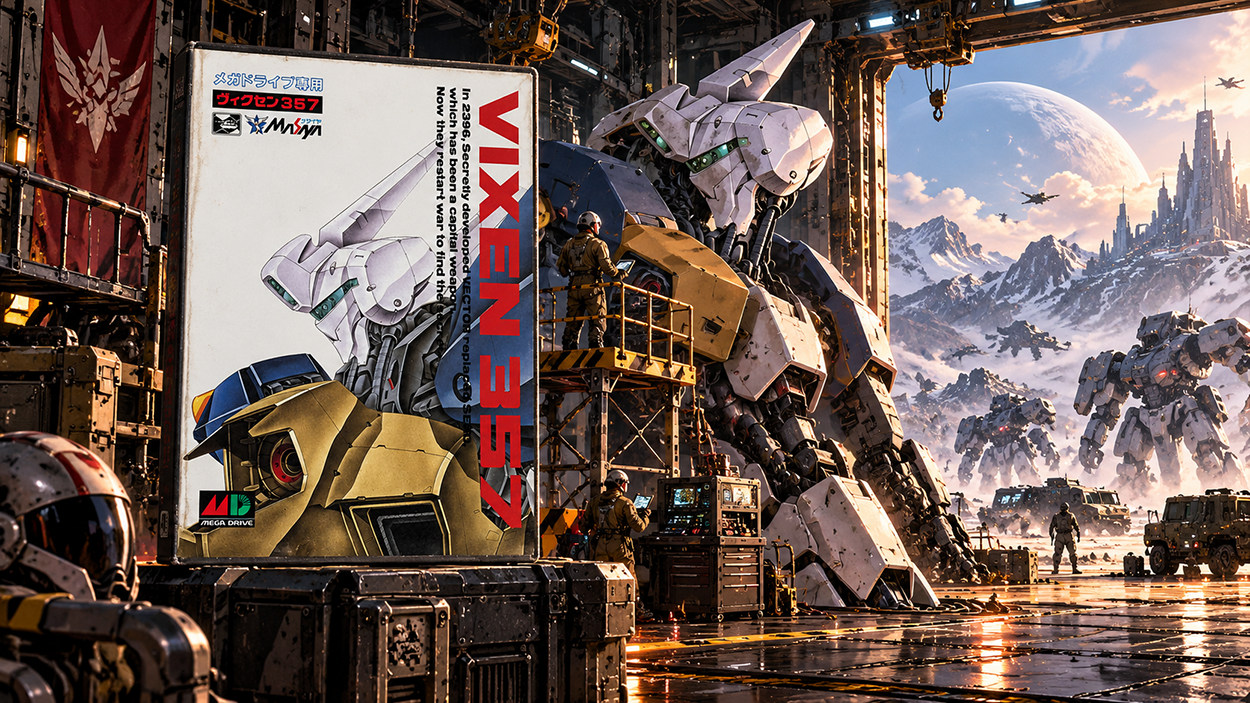 Das japanische Originalcover von Vixen 357 mit einem weißen Kampfroboter und rotem Schriftzug steht vor einer futuristischen Mecha-Hangarkulisse. Im Hintergrund sind gewaltige Kampfmaschinen und technische Anlagen zu sehen.
