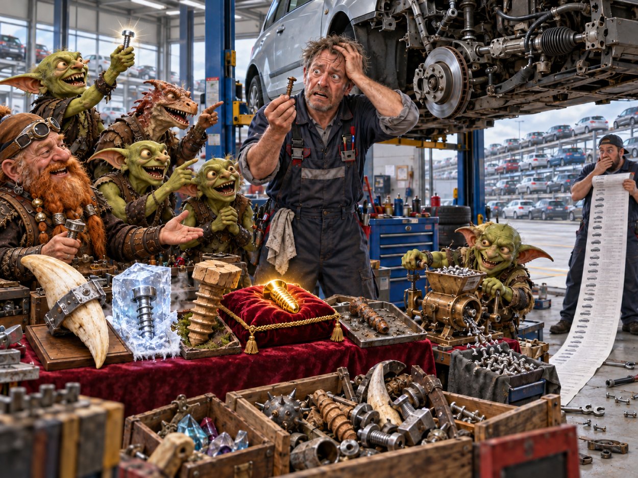 Ein verzweifelter Mechaniker hält in einer Autowerkstatt eine kleine Schraube hoch. Vor ihm präsentieren Goblins und ein Zwerg absurde Ersatzteile wie einen Drachenzahn, eine Schraube im Eis, einen Holzbolzen und eine leuchtende goldene Schraube; im Hintergrund steht ein Auto auf der Hebebühne.