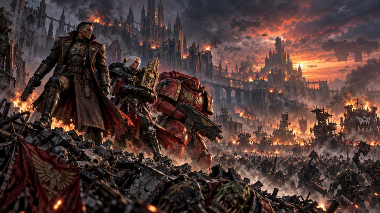 Drei grimdarke Krieger stehen inmitten eines feurigen Kriegssturms vor einer zerstörten Stadtlandschaft; das Motiv illustriert die Hörprobe zu Warhammer 40.000: Armageddon – Zeit des Feuers.