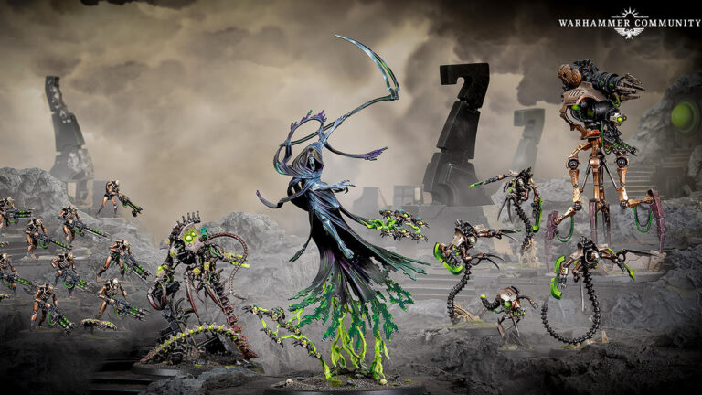 Offizielles Warhammer-40.000-Produktbild der Necron-Streitmacht Jünger des Nekrosors. In der Mitte schwebt das C’tan-Fragment des Todesboten mit einer langen Sense, umgeben von Necronkriegern, Skarabäenschwärmen und verschiedenen mechanischen Kampfmaschinen.