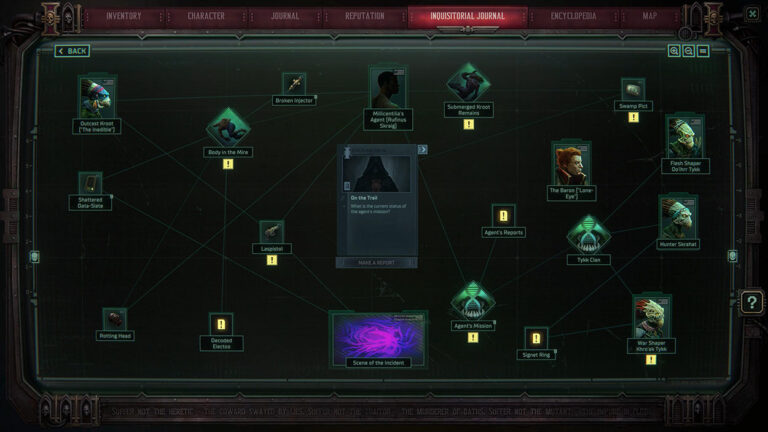Gameplay-Screenshot aus Warhammer 40.000: Dark Heresy mit einer holografischen Rekonstruktion eines Tatorts. Grünlich leuchtende Figuren und Projektionen veranschaulichen die Ermittlungsarbeit der Inquisition in einer düsteren Science-Fiction-Umgebung.
