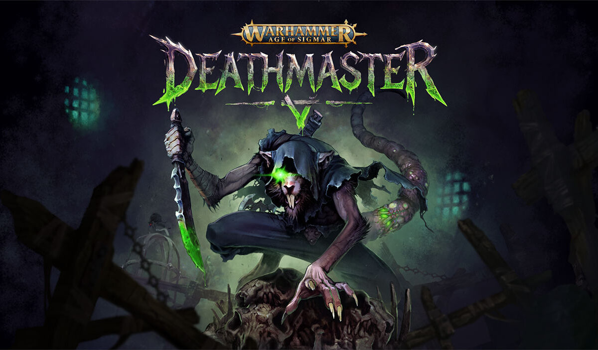 Offizielles Key Art zu Warhammer Age of Sigmar: Deathmaster: Der Skaven-Assassine Vihneek kauert mit zwei grün leuchtenden Klingen auf einem Schädelhaufen. Über ihm steht der Spieltitel, im Hintergrund sind dunkle Tunnel und grünliches Licht zu sehen.