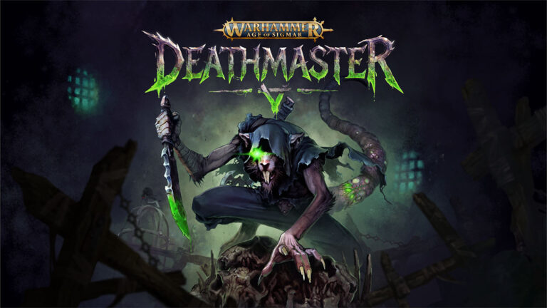 Offizielles Key Art zu Warhammer Age of Sigmar: Deathmaster: Der Skaven-Assassine Vihneek kauert mit zwei grün leuchtenden Klingen auf einem Schädelhaufen. Über ihm steht der Spieltitel, im Hintergrund sind dunkle Tunnel und grünliches Licht zu sehen.