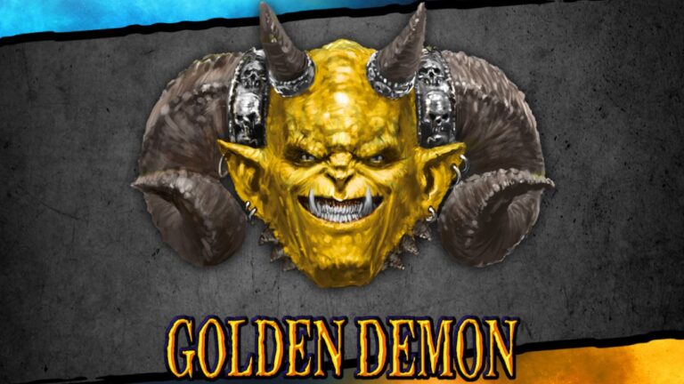Goldener Dämonenkopf mit großen Hörnern als offizielles Motiv des Warhammer-Bemalwettbewerbs Golden Demon.