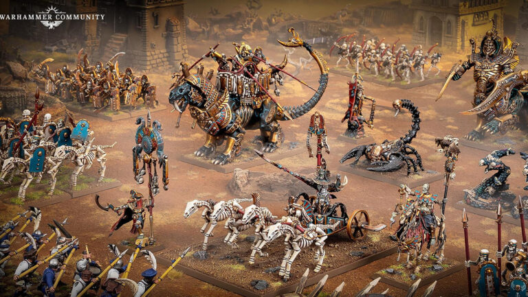 Offizielles Tabletop-Motiv zu Warhammer: The Old World mit bemalten Fantasy-Miniaturen und aufwendig gestaltetem Schlachtfeld zur Auseinandersetzung zwischen Grand Cathay und den Gruftkönigen von Khemri.