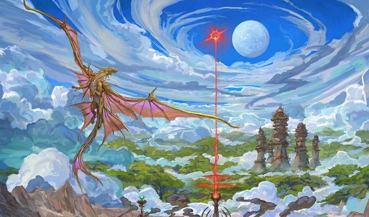 Ein goldener Drache fliegt über einer fantastischen Landschaft von Marquet, während zwei Monde und ein rotes Leuchten den Himmel über hohen Türmen bestimmen.