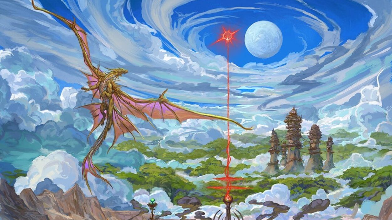 Ein goldener Drache fliegt über einer fantastischen Landschaft von Marquet, während zwei Monde und ein rotes Leuchten den Himmel über hohen Türmen bestimmen.