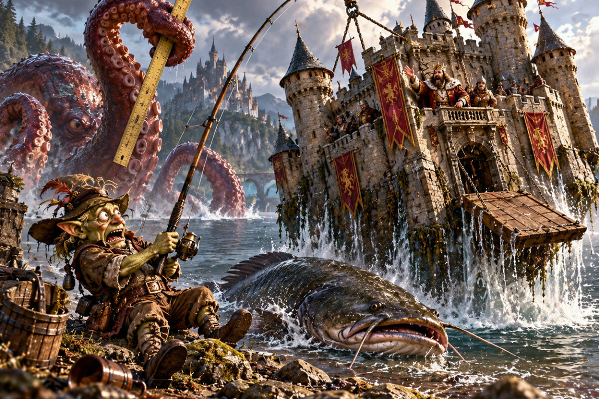 Satirische Fantasy-Illustration: Ein kleiner Goblinangler sitzt am Ufer eines Sees und hat mit seinem Angelhaken eine ganze mittelalterliche Burg aus dem Wasser gezogen. Auf dem Balkon steht ein empörter König. Daneben liegt ein riesiger Wels, während im Hintergrund ein gewaltiger Krakenarm mit Zollstock aus dem See ragt.
