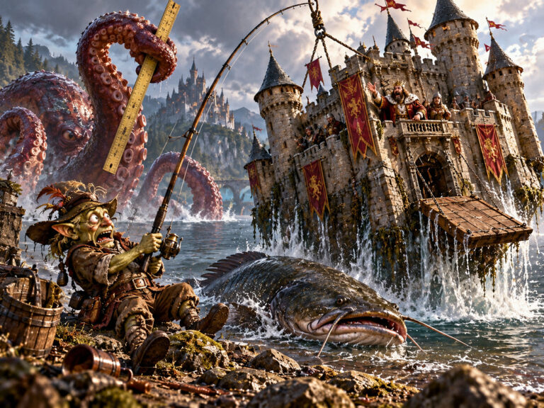 Satirische Fantasy-Illustration: Ein kleiner Goblinangler sitzt am Ufer eines Sees und hat mit seinem Angelhaken eine ganze mittelalterliche Burg aus dem Wasser gezogen. Auf dem Balkon steht ein empörter König. Daneben liegt ein riesiger Wels, während im Hintergrund ein gewaltiger Krakenarm mit Zollstock aus dem See ragt.