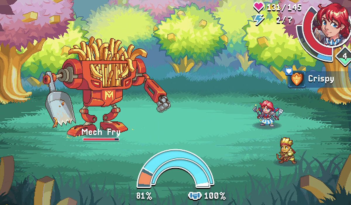 Pixelgrafik-Szene aus WendyQuest: Die rothaarige Heldin Wendy kämpft gemeinsam mit einem kleinen Bogenschützen gegen den riesigen Gegner Mech Fry, einen mechanischen Pommes-Roboter mit Schaufelarm.