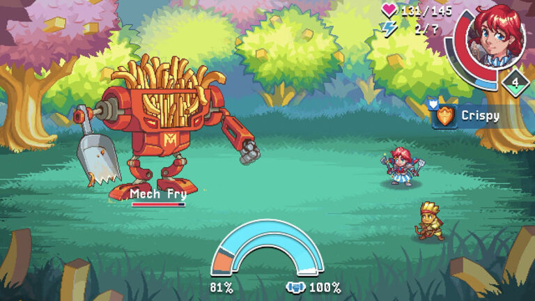 Pixelgrafik-Szene aus WendyQuest: Die rothaarige Heldin Wendy kämpft gemeinsam mit einem kleinen Bogenschützen gegen den riesigen Gegner Mech Fry, einen mechanischen Pommes-Roboter mit Schaufelarm.