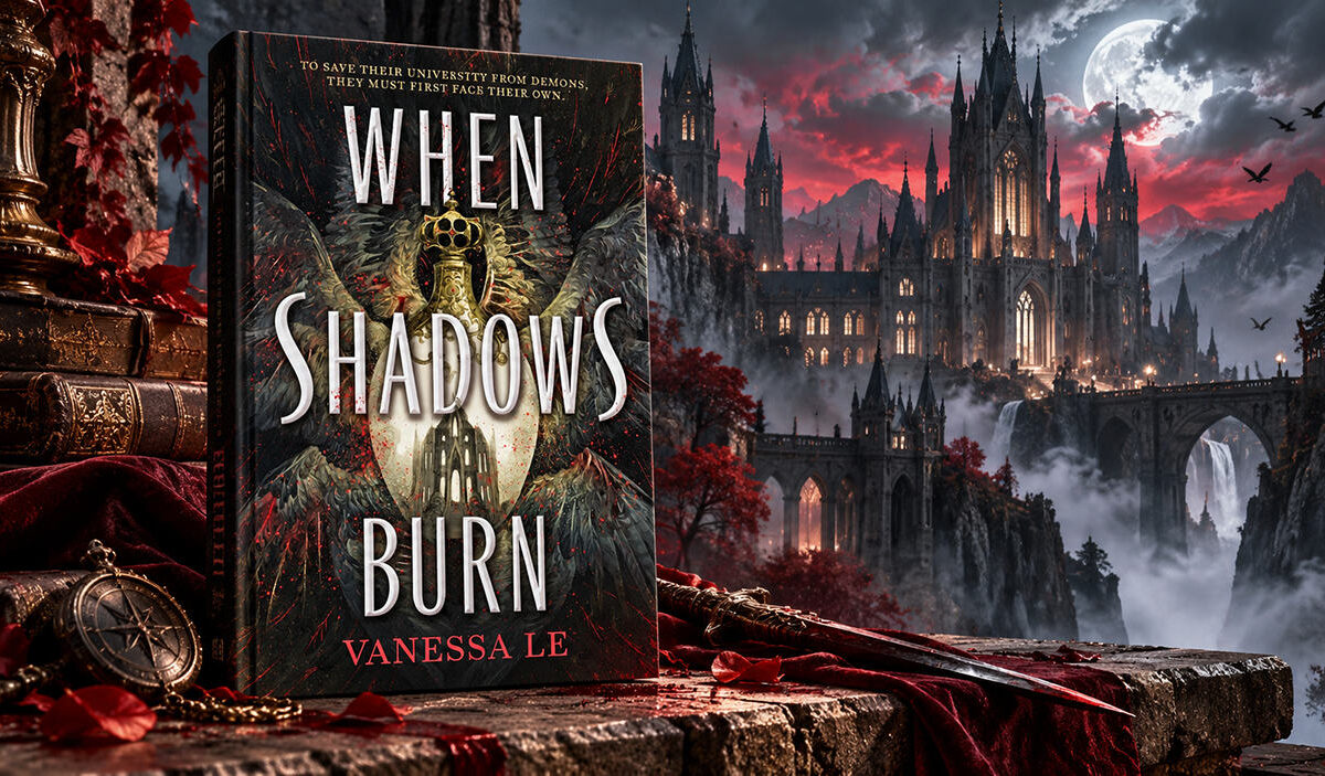 Düsteres Fantasy-Motiv zu When Shadows Burn mit ornamentalem Flakon, schwarzen Federstrukturen, roten Blutspritzern und unheilvoller akademischer Atmosphäre.