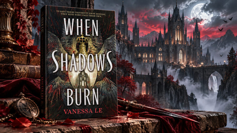 Düsteres Fantasy-Motiv zu When Shadows Burn mit ornamentalem Flakon, schwarzen Federstrukturen, roten Blutspritzern und unheilvoller akademischer Atmosphäre.