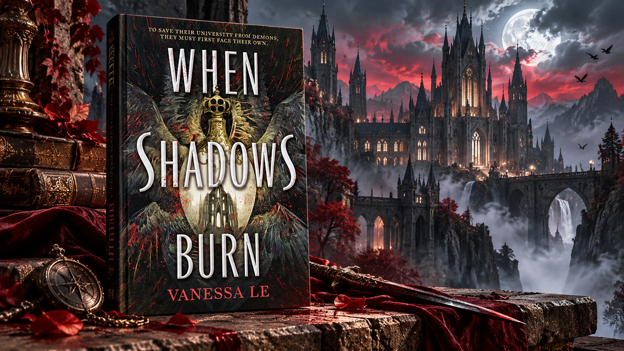 Düsteres Fantasy-Motiv zu When Shadows Burn mit ornamentalem Flakon, schwarzen Federstrukturen, roten Blutspritzern und unheilvoller akademischer Atmosphäre.