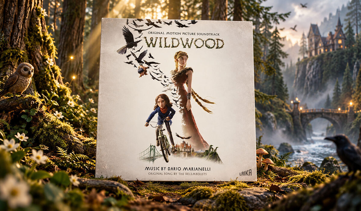 Das quadratische Soundtrack-Cover von Wildwood mit zwei weiblichen Figuren, einem Fahrrad und einem Schwarm schwarzer Vögel steht in einem verwunschenen Wald. Eine Eule sitzt links auf einer Wurzel, rechts ist ein Rabe zu sehen. Im Hintergrund führen eine Steinbrücke und ein Fluss zu einer märchenhaften Burg.