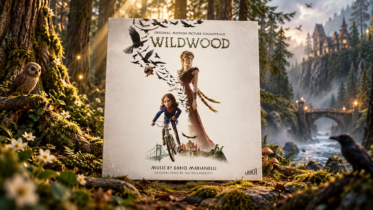 Das quadratische Soundtrack-Cover von Wildwood mit zwei weiblichen Figuren, einem Fahrrad und einem Schwarm schwarzer Vögel steht in einem verwunschenen Wald. Eine Eule sitzt links auf einer Wurzel, rechts ist ein Rabe zu sehen. Im Hintergrund führen eine Steinbrücke und ein Fluss zu einer märchenhaften Burg.