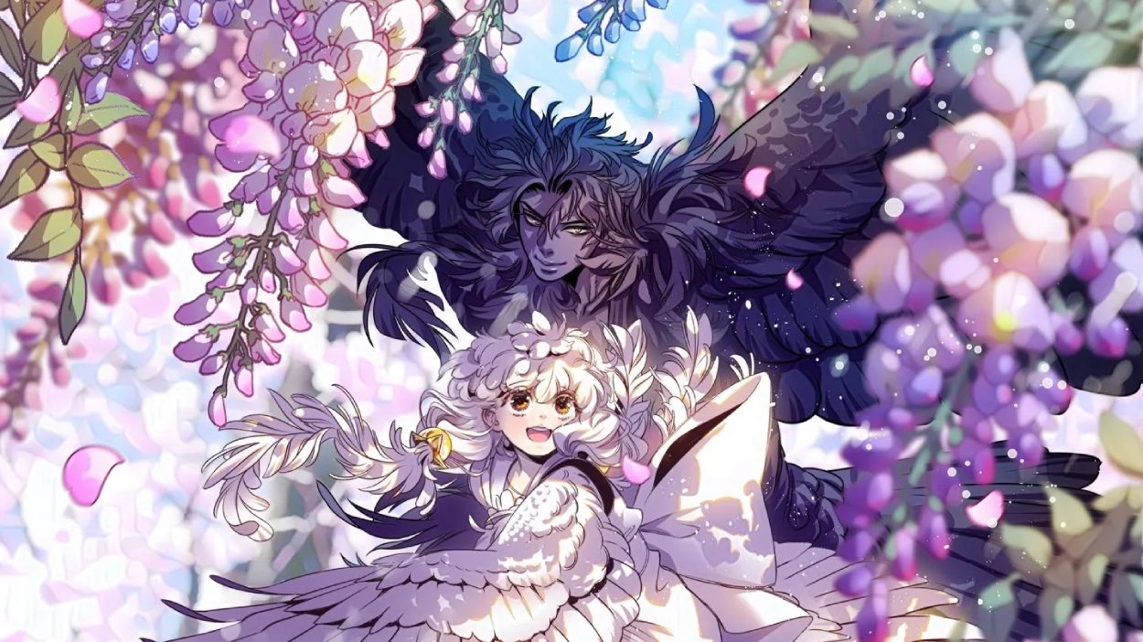 Die geflügelten Hauptfiguren aus Winged schweben zwischen violetten und rosafarbenen Blüten in einer märchenhaften Fantasylandschaft.