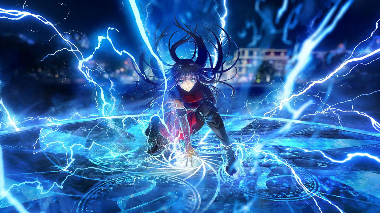 Anime-Filmbild aus Witch on the Holy Night: Aoko Aozaki kniet in einem leuchtenden magischen Kreis, während blaue Blitze und Energiebahnen um sie herum einschlagen.
