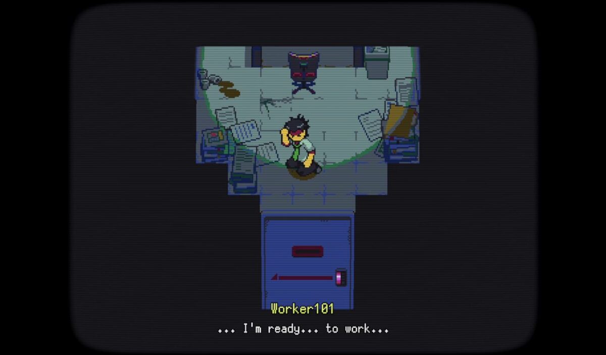 Ahad Worker 101 steht in einem chaotischen Büro aus Work Work Work, dargestellt auf einem alten CRT-Bildschirm mit sichtbaren Scanlines.