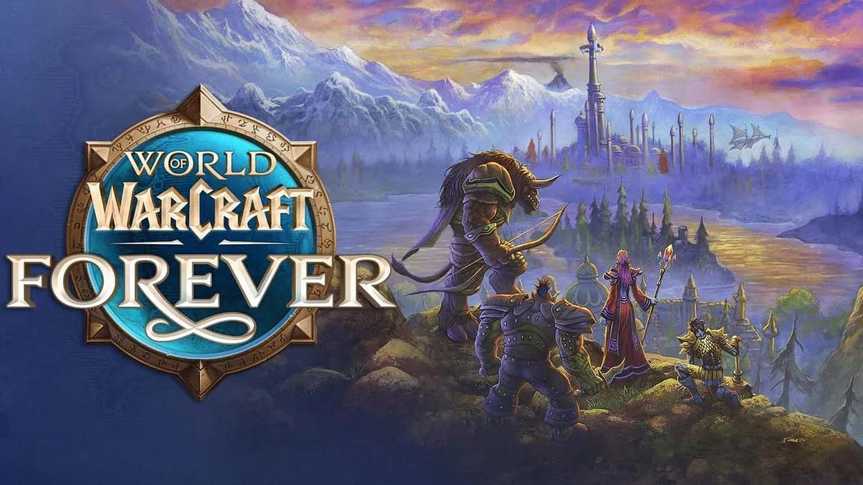 Offizielles Fantasy-Artwork zu World of Warcraft: Forever mit großem Spiellogo auf der linken Seite. Rechts blicken mehrere Fantasyabenteurer und ein gewaltiges gehörntes Lasttier über eine weite Landschaft mit Bergen, Wasserflächen und einer monumentalen Stadt.